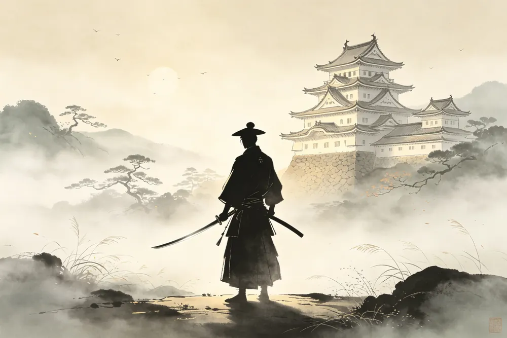 Japanese samurai warrior representing the seven virtues of Bushido